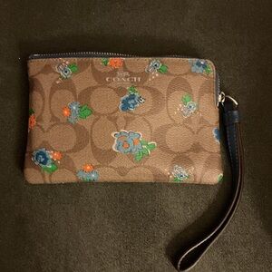 Coach Brown Wristlet with Blue and Orange Floral Design